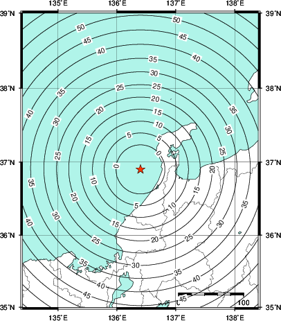 緊急地震速報第1報提供から主要動到達までの時間及び推計震度分布図