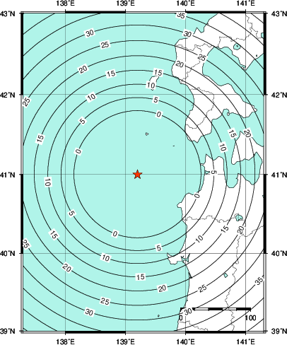 緊急地震速報第1報提供から主要動到達までの時間及び推計震度分布図