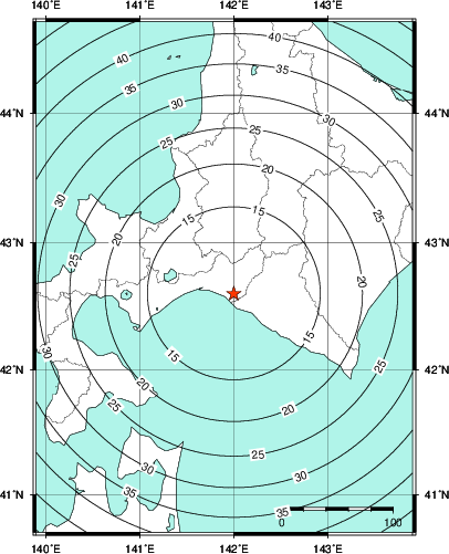 緊急地震速報第1報提供から主要動到達までの時間及び推計震度分布図