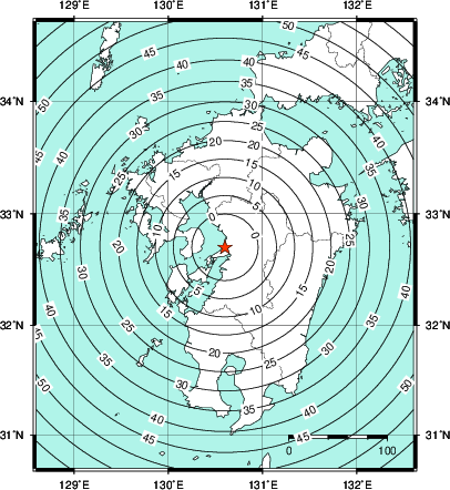緊急地震速報第1報提供から主要動到達までの時間及び推計震度分布図
