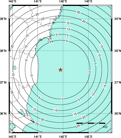 緊急地震速報第1報提供から主要動到達までの時間及び推計震度分布図