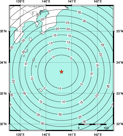 緊急地震速報第1報提供から主要動到達までの時間及び推計震度分布図