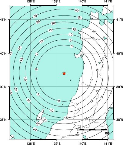 緊急地震速報第1報提供から主要動到達までの時間及び推計震度分布図