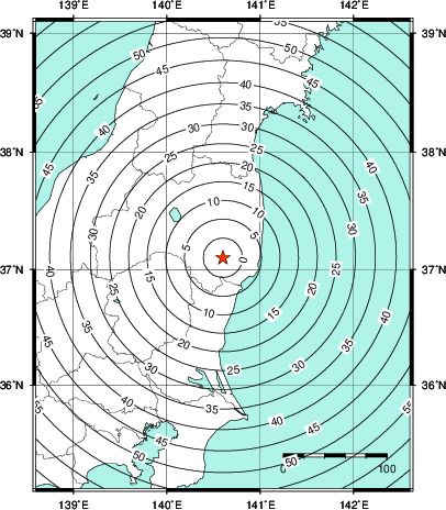 緊急地震速報第1報提供から主要動到達までの時間及び推計震度分布図