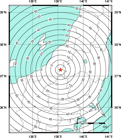 緊急地震速報第1報提供から主要動到達までの時間及び推計震度分布図