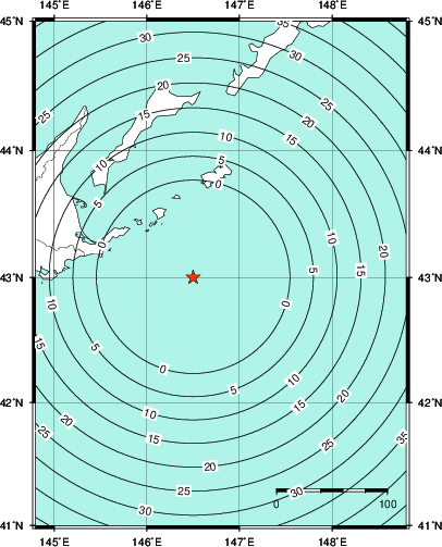 緊急地震速報第1報提供から主要動到達までの時間及び推計震度分布図