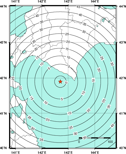 緊急地震速報第1報提供から主要動到達までの時間及び推計震度分布図