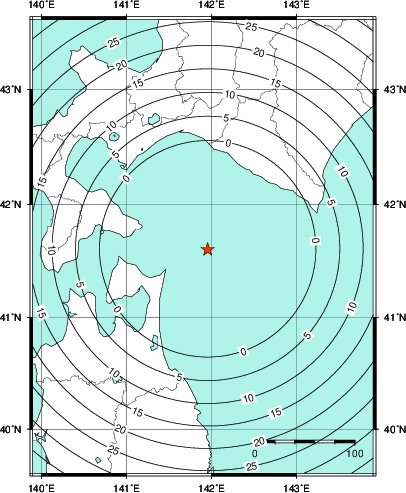 緊急地震速報第1報提供から主要動到達までの時間及び推計震度分布図