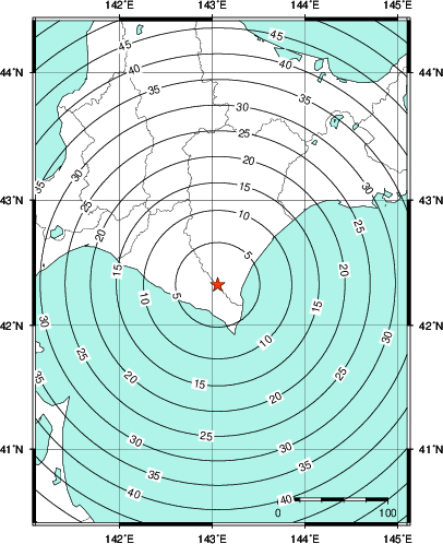 緊急地震速報第1報提供から主要動到達までの時間及び推計震度分布図