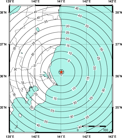 緊急地震速報第1報提供から主要動到達までの時間及び推計震度分布図