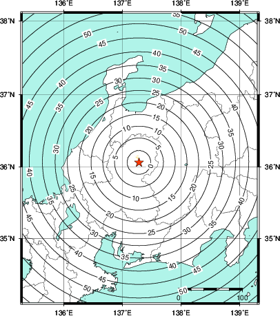 緊急地震速報第1報提供から主要動到達までの時間及び推計震度分布図