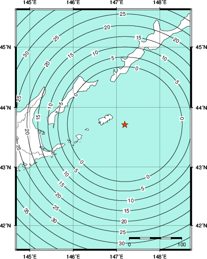 緊急地震速報第1報提供から主要動到達までの時間及び推計震度分布図