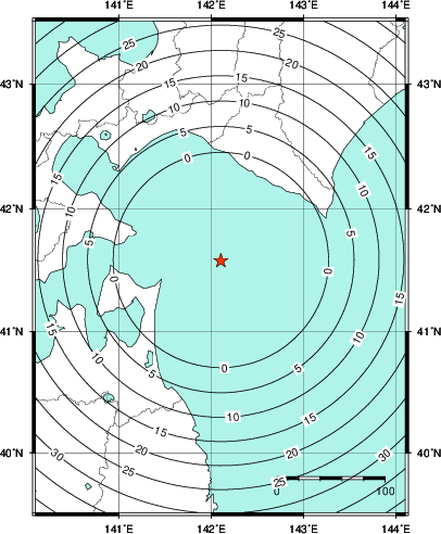 緊急地震速報第1報提供から主要動到達までの時間及び推計震度分布図