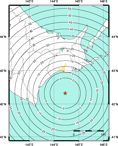緊急地震速報第1報提供から主要動到達までの時間及び推計震度分布図
