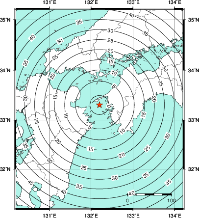 緊急地震速報第1報提供から主要動到達までの時間及び推計震度分布図