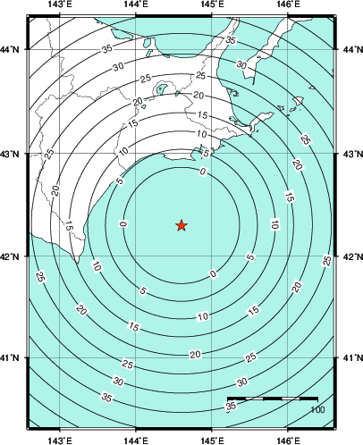 緊急地震速報第1報提供から主要動到達までの時間及び推計震度分布図