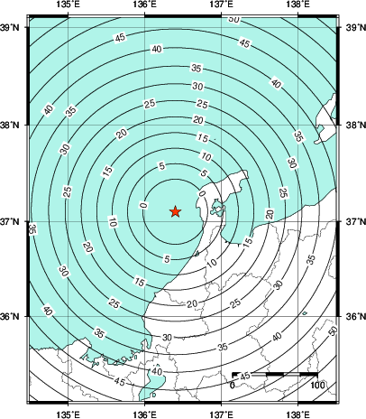 緊急地震速報第1報提供から主要動到達までの時間及び推計震度分布図
