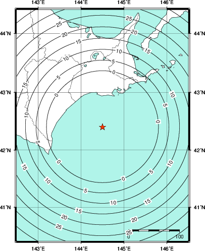 緊急地震速報第1報提供から主要動到達までの時間及び推計震度分布図
