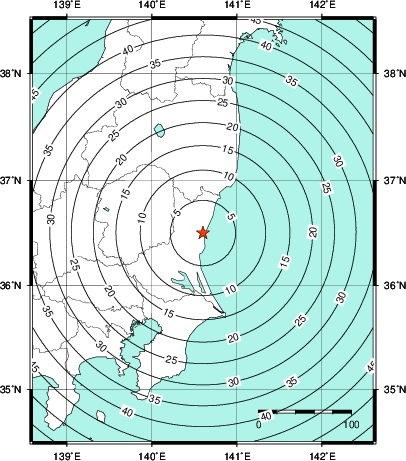 緊急地震速報第1報提供から主要動到達までの時間及び推計震度分布図