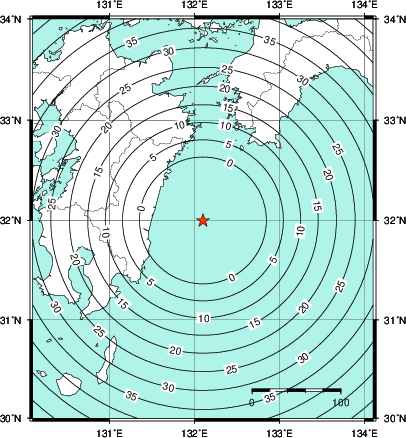 緊急地震速報第1報提供から主要動到達までの時間及び推計震度分布図