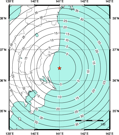 緊急地震速報第1報提供から主要動到達までの時間及び推計震度分布図