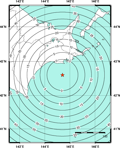 緊急地震速報第1報提供から主要動到達までの時間及び推計震度分布図
