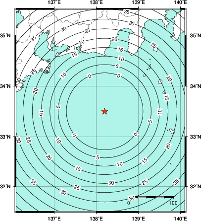 緊急地震速報第1報提供から主要動到達までの時間及び推計震度分布図