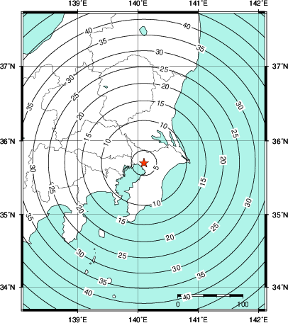 緊急地震速報第1報提供から主要動到達までの時間及び推計震度分布図