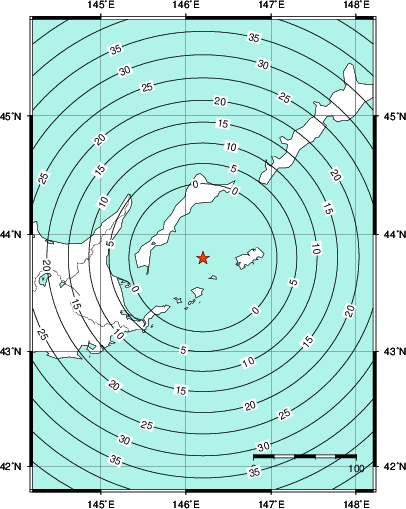 緊急地震速報第1報提供から主要動到達までの時間及び推計震度分布図