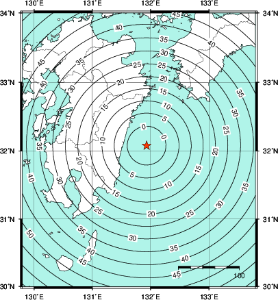 緊急地震速報第1報提供から主要動到達までの時間及び推計震度分布図