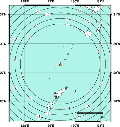 緊急地震速報第1報提供から主要動到達までの時間及び推計震度分布図