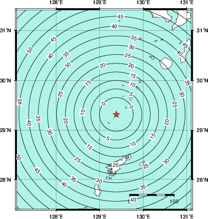 緊急地震速報第1報提供から主要動到達までの時間及び推計震度分布図