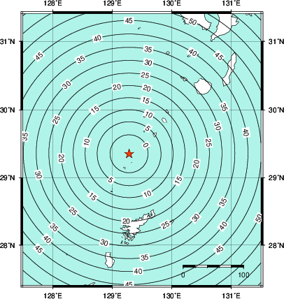 緊急地震速報第1報提供から主要動到達までの時間及び推計震度分布図