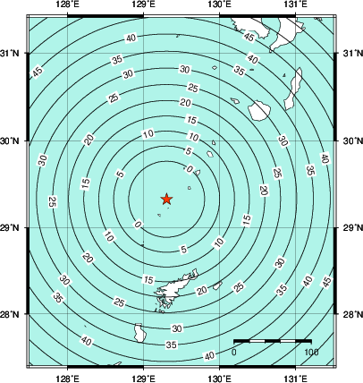 緊急地震速報第1報提供から主要動到達までの時間及び推計震度分布図