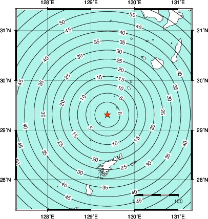緊急地震速報第1報提供から主要動到達までの時間及び推計震度分布図