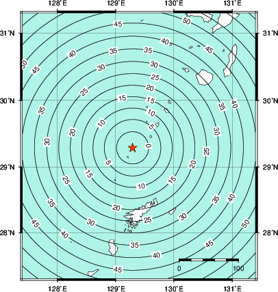 緊急地震速報第1報提供から主要動到達までの時間及び推計震度分布図