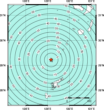 緊急地震速報第1報提供から主要動到達までの時間及び推計震度分布図