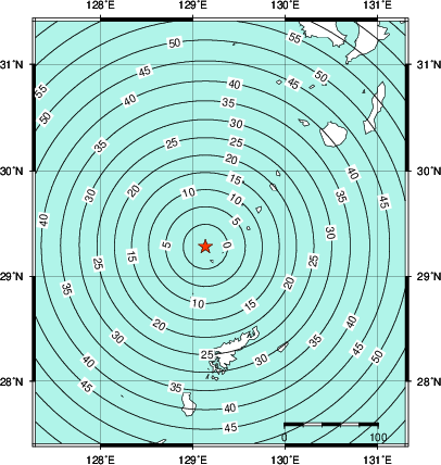 緊急地震速報第1報提供から主要動到達までの時間及び推計震度分布図