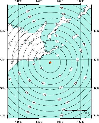 緊急地震速報第1報提供から主要動到達までの時間及び推計震度分布図