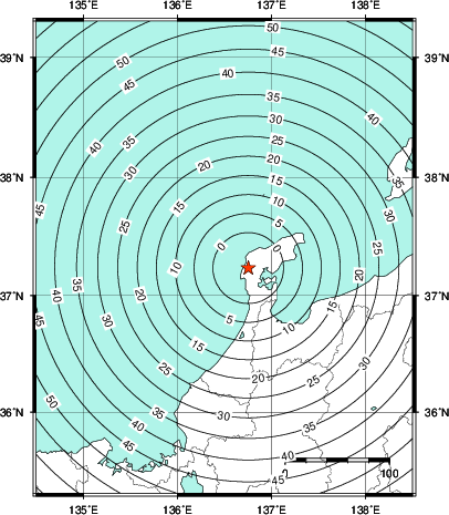 緊急地震速報第1報提供から主要動到達までの時間及び推計震度分布図