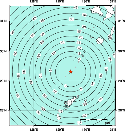 緊急地震速報第1報提供から主要動到達までの時間及び推計震度分布図