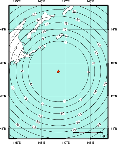 緊急地震速報第1報提供から主要動到達までの時間及び推計震度分布図