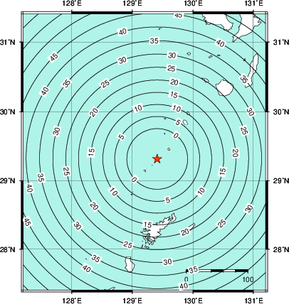 緊急地震速報第1報提供から主要動到達までの時間及び推計震度分布図