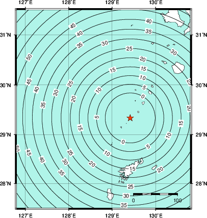 緊急地震速報第1報提供から主要動到達までの時間及び推計震度分布図