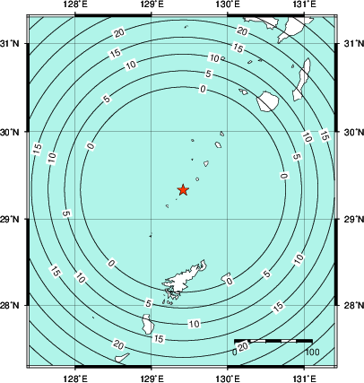 緊急地震速報第1報提供から主要動到達までの時間及び推計震度分布図