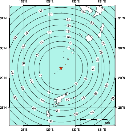 緊急地震速報第1報提供から主要動到達までの時間及び推計震度分布図