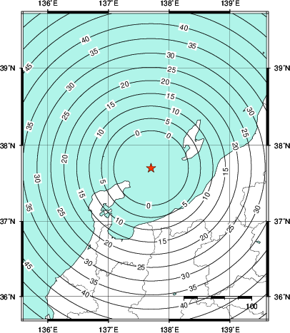 緊急地震速報第1報提供から主要動到達までの時間及び推計震度分布図