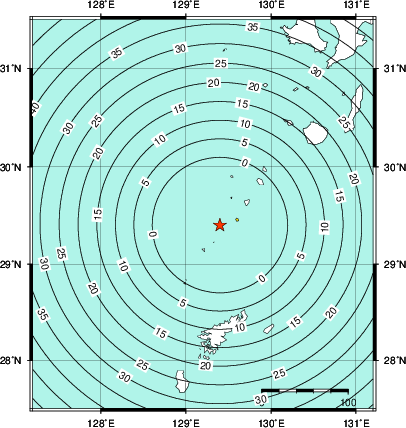 緊急地震速報第1報提供から主要動到達までの時間及び推計震度分布図