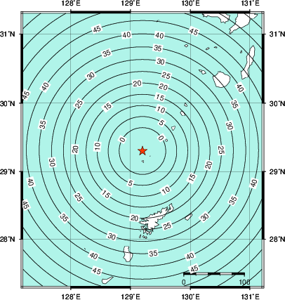 緊急地震速報第1報提供から主要動到達までの時間及び推計震度分布図
