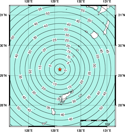 緊急地震速報第1報提供から主要動到達までの時間及び推計震度分布図